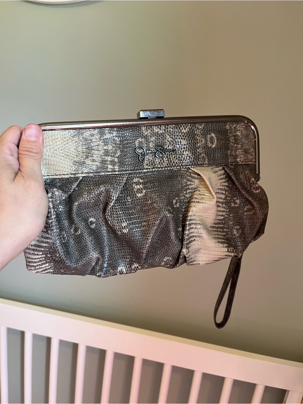 Jessica Simpson Metallic Pewter Lizard-Texture Wristlet Clutch
